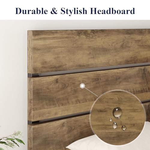 Allewie Twin Size Rustic Platform Bed Frame with Wood Headboard and Metal Slats - Light Brown Allewie