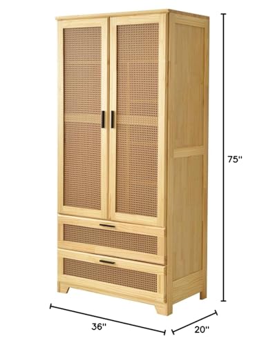 Pine Wood Closet with Rattan Doors and Two Drawers (Natural) Woodpeckers Furniture And Mattress