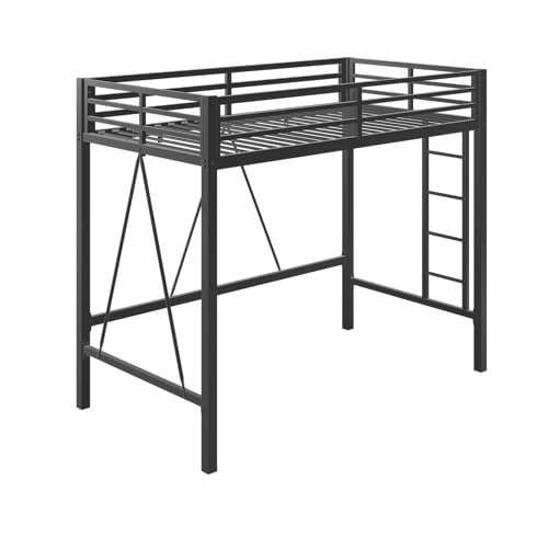 Allewie 72 Inches Tall Loft Bed Twin Size with Ladder and Safety Guardrail for Teens and Adults, Heavy Duty Metal Single Loft Bed for Small Space, Noise Free, Black Allewie