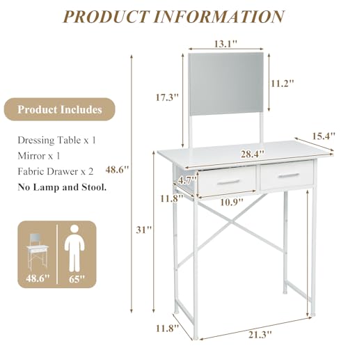 Jakyitvi Small Vanity Desk with Mirror and Drawers, White Makeup Vanity Table with Storage, Compact Vanity for Bedroom, Modern Makeup Desk for Girls, Space-Saving Vanity Table Jakyitvi
