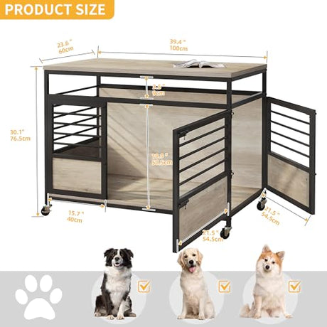 DWVO Dog Crate Furniture, 39.4 Inch Dog Kennel Indoor Furniture with Double Doors, End Table Cage for Large Dogs, Modern Decorative Cage Wooden Dogs Crate Furniture with Wheels, Grey DWVO