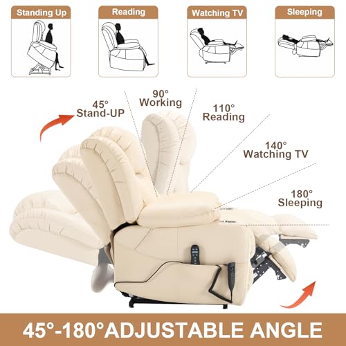 RHHVVR Electric Lift Chair Oversized, Dual Motor Power Lift Recliner Faux Leather Sofa with 8-Point Vibration Massage and Lumbar Heating, Stainless Steel Cup Holders for Elderly, Medium-Firm, Beige RHHVVR