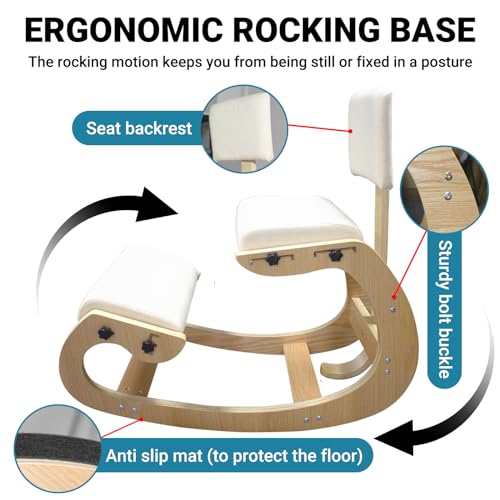 CHIESMA Ergonomic Kneeling Chair with Back Support, Adjustable Height Wooden Knee Chair - Improve Posture with an Angled Seat, with Cushion for Home, Office (Ivory) CHIESMA