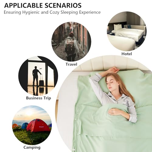 RHINSBENF Sleeping Bag Liner Camping Adult Sleep Sack Lightweight Travel Sheet for Hotel Bed Compact Ultralight Essential Cleaning Supplies Kit Travel Bedding Set for Backpacking (Green & Single) RHINSBENF