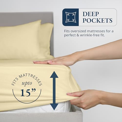 LANE LINEN Twin Fitted Sheets, 100% Organic Cotton 2-Piece Set (1 Fitted Sheet, 1 Pillowcase), Percale Weave, Bottom Sheet, Soft, Breathable, Fits Mattress Upto 15' Deep - Vanilla (No Flat Sheet) LANE LINEN