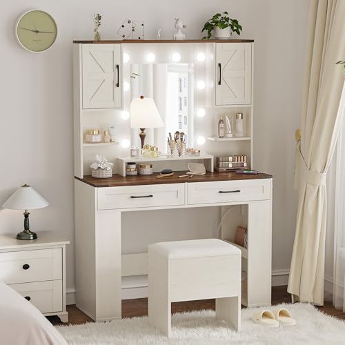 NUNU LAB Modern Makeup Vanity Desk with Mirror and Chair, Vanity Desk Set with Drawers, RGB Glass Cabinet and 3-Colour Hollywood Lights, White Vanity Table with Charging Station for Women Girls NUNU LAB