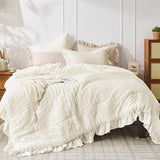 JOLLYVOGUE Ivory Twin Size Comforter Set, 2 Pieces Seersucker Lightweight Fluffy Bedding Set, Twin Ruffle Comforter, All Season Soft Microfiber Shabby Chic Bed Set JOLLYVOGUE
