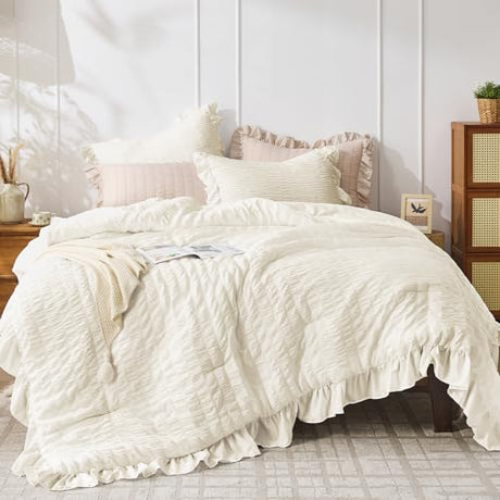 JOLLYVOGUE Ivory Twin Size Comforter Set, 2 Pieces Seersucker Lightweight Fluffy Bedding Set, Twin Ruffle Comforter, All Season Soft Microfiber Shabby Chic Bed Set JOLLYVOGUE