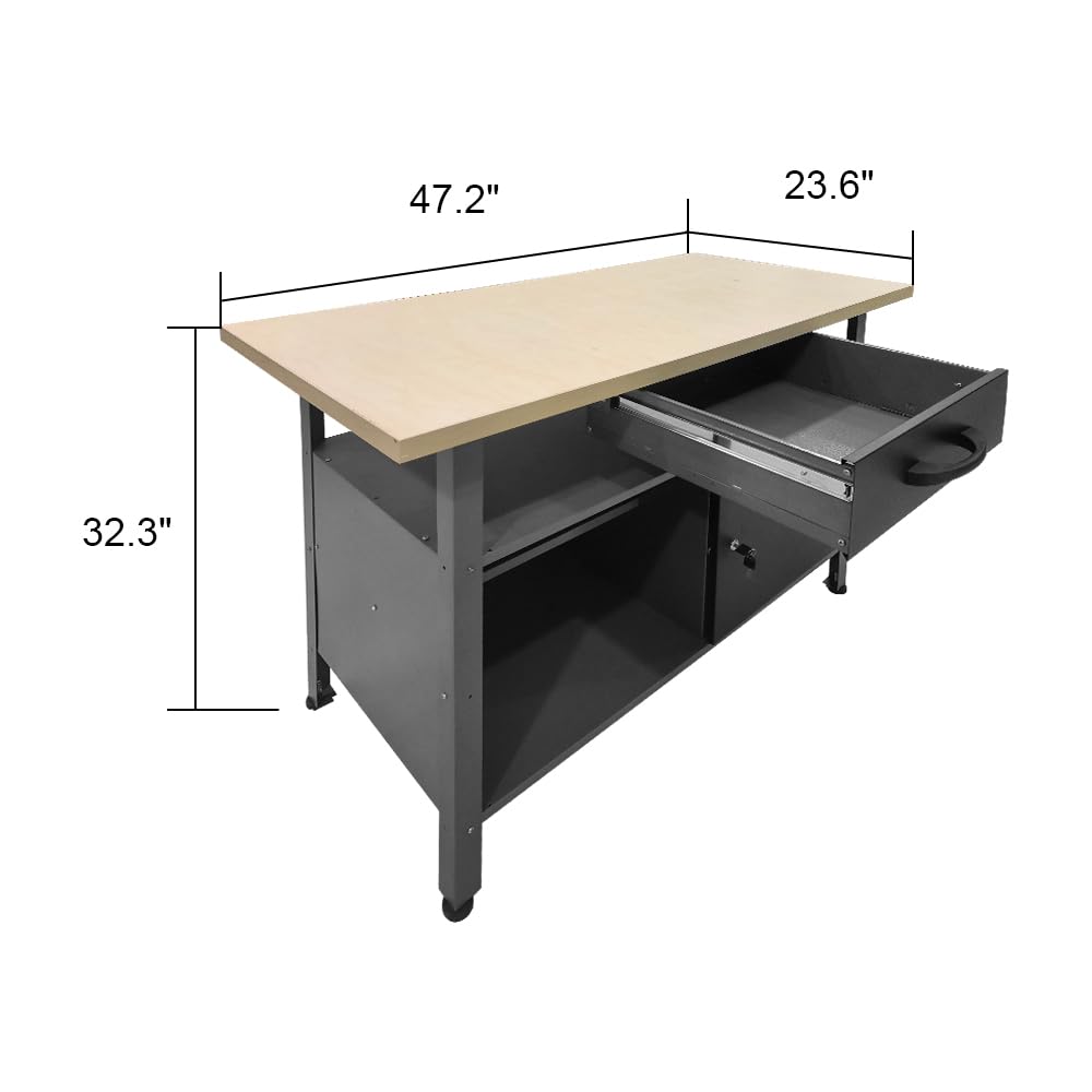 JZD Metal Storage Garage Workbench with Drawer, Wood Worktop, Steel Chest 47.2 x 23.6 x 32.3 Inches JZD