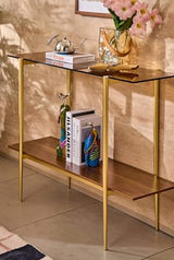 Glass Console Table for Living Room, Foyer & Entrance, 2-Tiers Mid-Century Modern Sofa Table with Amber Glass Top, 41" D x 14" W x 31.5" H, Walnut Finish Wood Shelf and Gold Finish Frame Shrine