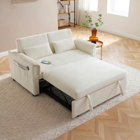 Convertible Loveseat Pull Out Sleeper Sofabed Futon Loveseat Lounge Couch for Living Room 3 in 1 Multi-Functional Pullout Sofa Bed with Reclining Backrest , USB Ports and Side Pockets for Home Office Eafurn