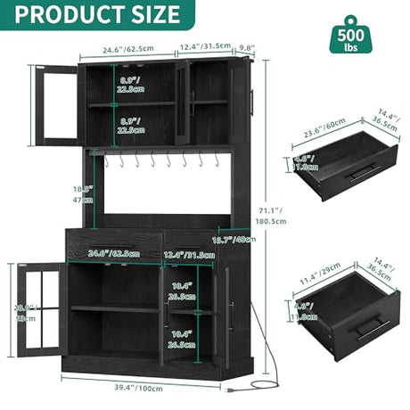YITAHOME 71'' Kitchen Pantry Storage Cabinet with Microwave Stand, Tall Freestanding Hutch Cabinet with Power Outlet, Pantry Cabinet with Buffet Cupboard, Drawers and Acrylic Doors for Home, Black YITAHOME