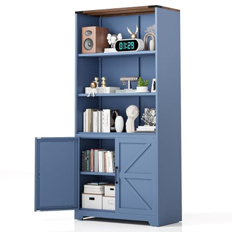 VINGLI Blue Bookcase with Doors and Adjustable Shelves, Steel 70" Tall Bookshelf Display Cabinet, 6-Tier Tall Farmhouse Metal Storage Cabinet for Study, Living Room, Home Office, Kitchen Pantry VINGLI