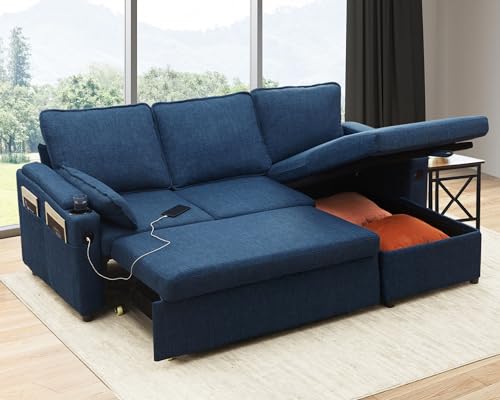 DURASPACE Sofa Bed Sleeper Pull Out 2 in 1 Sectional Sleeper Sofa Couches with Storage,USB, Cup Holder,Pullout Sectional Couches for Apartment Living Room (Blue) DURASPACE