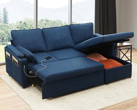 DURASPACE Sofa Bed Sleeper Pull Out 2 in 1 Sectional Sleeper Sofa Couches with Storage,USB, Cup Holder,Pullout Sectional Couches for Apartment Living Room (Blue) DURASPACE
