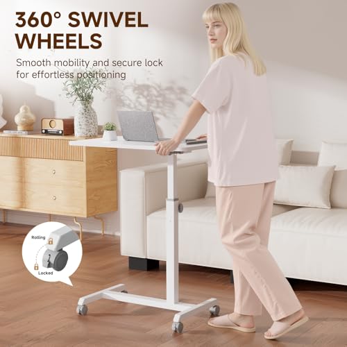 GTPLAYER Small Standing Desk, 24 Inches Mobile Foldable Rolling Laptop PC Table with Lockable Casters, Adjustable Height Overbed Bedside Table Computer Workstation for Home Office, White GTPLAYER