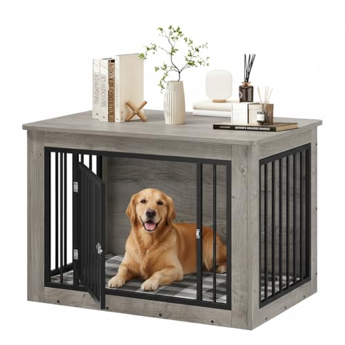 DWVO Dog Crate Furniture, 38 Inch Dog Kennel Indoor Furniture End Table for Dogs, Farmhouse Decorative Wooden Cage, Chew-Resistant, Grey DWVO