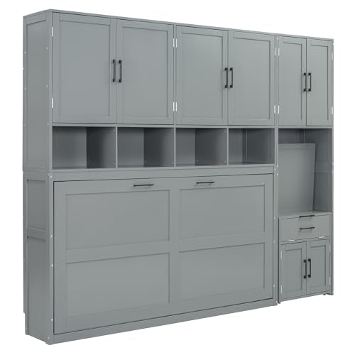 Harper & Bright Designs Twin Size Murphy Bed, Wooden Twin Wall Bed Frame with Closet, Drawers & Desk, Gray Harper & Bright Designs