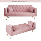 Modern Velvet Sofa Bed Futon with 2 Pillows,2-in 1 Convertible Sleeper Couch Bed,Folding Recliner Loveseat with Golden Metal Legs for Living Room Apartment Office (Light Pink) Anwick