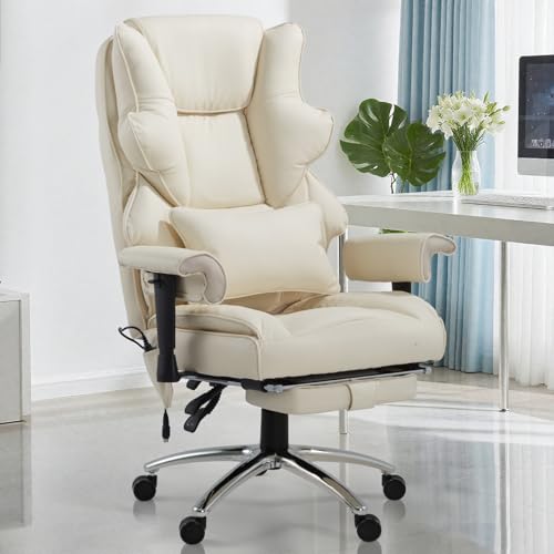 Mvpipi Massage Office Chair with Foot Rest, Ergonomic Executive Heated Office Chair with Reclining Backrest, Adjustable Arms and Lumbar Support, High Back Leather Desk Chairs for Home Office, Beige Mvpipi