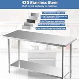 Goplus Stainless Steel Table, 60 x 24 Inches Kitchen Prep Table Work Table with Height Adjustable Under Shelf, Footpads, 900LBS Capacity, Food Prep Goplus