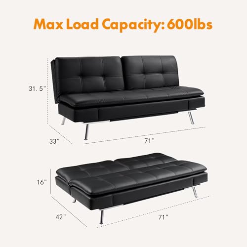 Modern Leather Convertible Folding Futon Couch Sofa Bed Adjustable Pillow Top Arm Memory Foam Couch Double Loveseat Sofa for Compact Living Space,Dorm,Game Studio,Apartment,Bedroom (Black PU) Klwenas Maec