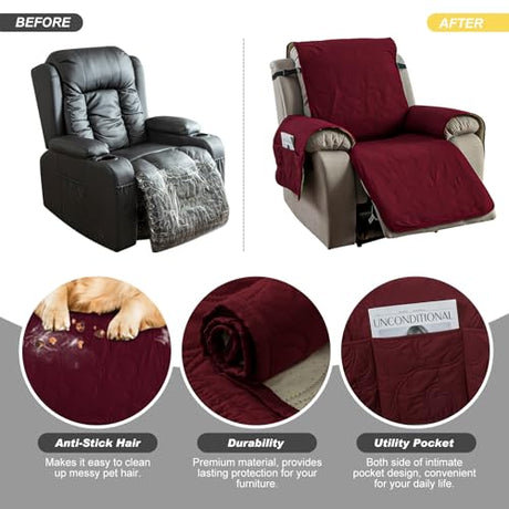 100% Waterproof Recliner Chair Cover, Recliner Chair Covers for Reclining Chair, Non-Slip Fabric Recliner Couch Cover for Living Room, for Pets Kids Protector, Washable (Wine Red, 23.6"Recliner Chair) YUEANG