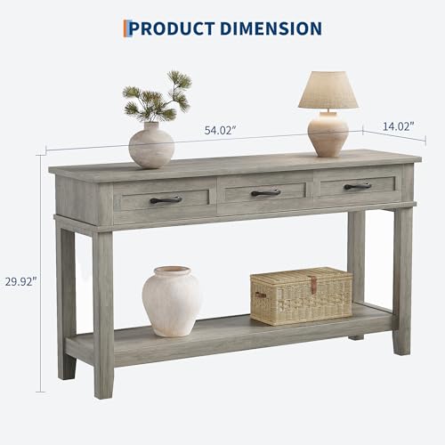 IDEALHOUSE entryway Table, Entry Table with Drawers 3-Drawer Storage & Open Shelf, 2-Tier Sofa Table Behind Couch Narrow Long, Farmhouse entryway Console for Hallway Foyer Living Room, Grey IDEALHOUSE