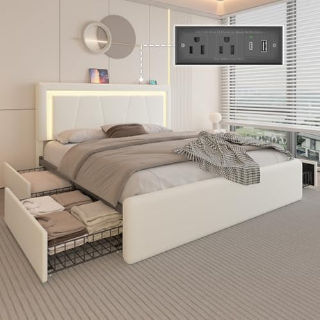 Full Size Bed Frame with 4 Storage Drawers and LED Lights, Upholstered Platform Bed with Adjustable Headboard and Charging Station, Metal Slats Support, No Box Spring Needed,Easy Assembly, White E-Motie