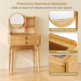 CHARMAID Small Vanity Desk with Mirror, Glass Top Bamboo Makeup Vanity Table with Storage Drawers & Shelves, Tabletop Groove, Rotatable Mirror, Compact Dressing Table for Bedroom Small Spaces, 23.5"W CHARMAID