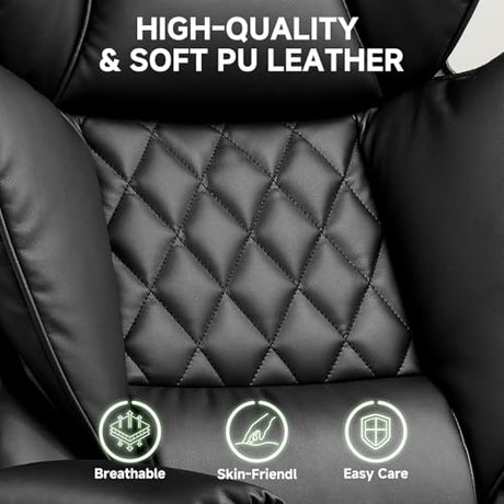 COMHOMA Big and Tall Office Chair, High Back Leather Gaming Chair with Footrest, Executive Ergonomic Office Chair with Pocket Spring Lumbar Support and with Outward Fixed Soft Armrests COMHOMA