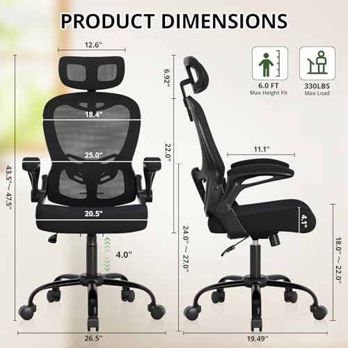 Office Chair Ergonomic Desk Chair, 330LBS Capacity, High Back Computer Chair with Lumbar Support, Flip-up Armrests Swivel Task Chairs for Long Hours Work Synorla
