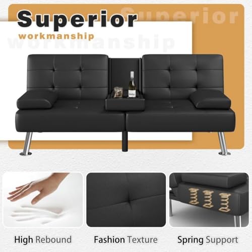GUNJI Multi-Functional Faux Leather Futon Sofa Bed with Removable Armrests and Adjustable Sleeper Function, Double Cup Holder Design, Suitable for Living Room GUNJI