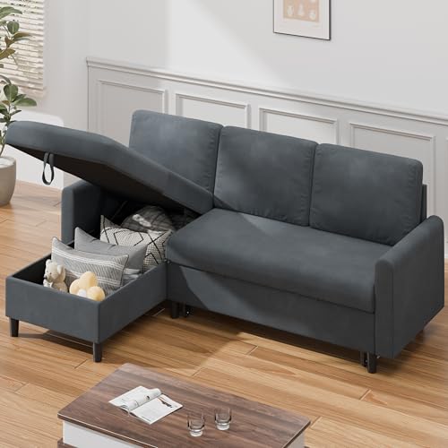 Shintenchi Sofa Couch, Sofa Bed- 2 in 1 Pull Out Couch Bed with Storage Chaise for Living Room, Sectional Sofa Couch ，Grey Shintenchi