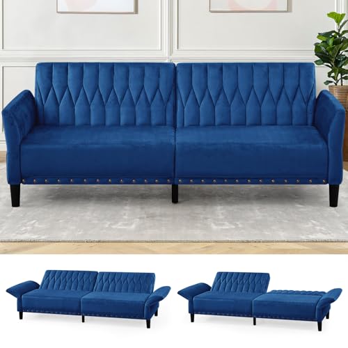 Lesofair 77” Velvet Sofa Bed with Adjustable Armrests and Backrests,Tufted Convertible Futon Couch with Nailhead Trim, Loveseat Modern Velvet Sleeper Sofa for Living Room,Bedroom,Office,Blue Lesofair