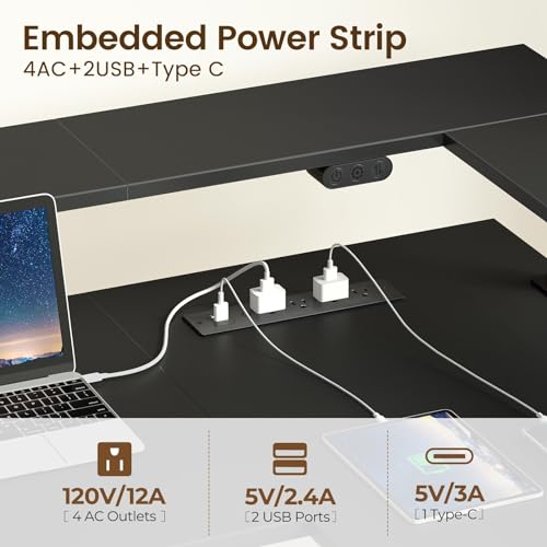 Rolanstar L Shaped Standing Desk with Keyboard Tray, Height Adjustable Corner Desk with LED Light & Power Outlet, Electric Sit Stand Computer Desk with Monitor Stand, Black Rolanstar
