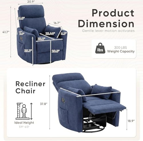 Flamaker Swivel Recliner Chair, Massage Nursery Rocking Chair with 2 Pillows, Comfy Single Sofa Glider Rocking Chair with Side Pockets for Living Room (Fabric, Blue) Flamaker