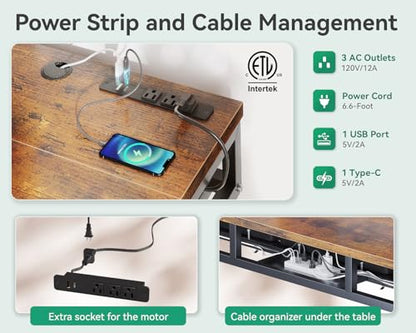 AODK Electric Standing Desk with Drawers, 55 Inch Height Adjustable Desk with Power Outlets, Sit Stand Table, Writing Computer Desk for Home, Office, Workstation, Rustic Brown - WoodArtSupply