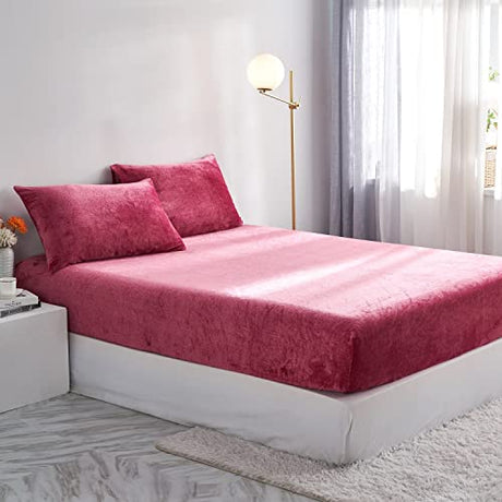 YASMENG Extra Soft Wine Red Velvet Plush Fitted Sheet Twin Size with 16” Deep Pocket, Warm Luxury Single Fitted Sheet Only for Fall Winter Spring, Fuzzy Flannel Fleece Mattress Protector Cover YASMENG