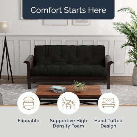 Loosh Home | 10" Queen Size Futon Sofa Bed Memory Foam Mattress - USA Made, Black, Frame Not Included Loosh