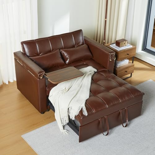 weselon Leather Convertible 3 in 1 Sleeper Sofa Bed, Small Upholstered Loveseat Pull Out Couch, Multi-Functional Sleeper Futon with Hidden Table and Adjustable Backrest for Living Room (Brown) weselon