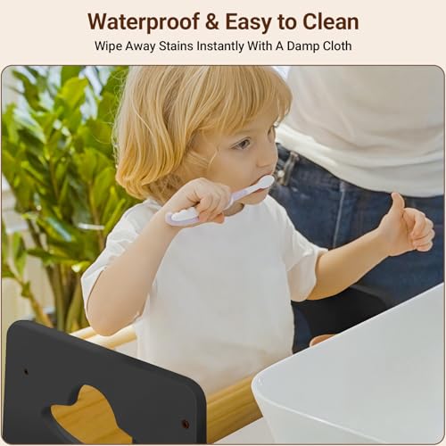 COSYLAND Toddler Standing Tower Adjustable Height - Super Stable Toddler Kitchen Stool Helper - 3 Levels Adjustable Wooden Toddler Kitchen Stool (Natural & Dark Gray) COSYLAND