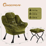 Congermom Lazy Chair with Folding Ottoman,Leisure Sofa Chair,Soft Fabric Armchair with Armrests and Side Pockets, Reading Chair with Footrest for Living Room, Bedroom, Office (Plush Green)