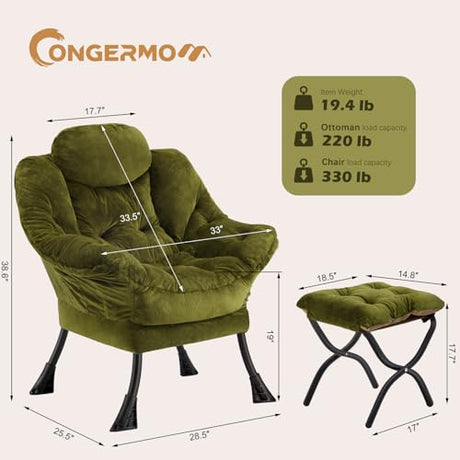 Congermom Lazy Chair with Folding Ottoman,Leisure Sofa Chair,Soft Fabric Armchair with Armrests and Side Pockets, Reading Chair with Footrest for Living Room, Bedroom, Office (Plush Green) Congermom