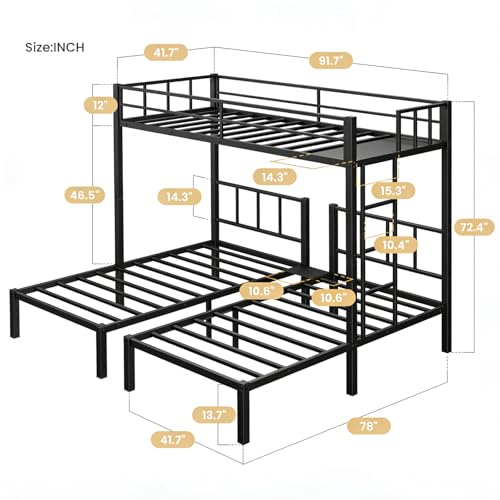Mixcous Triple Bunk Bed Twin XL Over Twin & Twin - Convertible to 3 Beds, Heavy Duty Metal Frame with Adjustable Ladder, Noise-Free & Anti-Wobble Design, Space-Saving for Teens & Adults, Black Mixcous