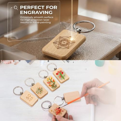 WRINGKIT 50 Pieces Wood Keychain Blank, Unfinished Laser Engraving Blanks with Key Rings, Rectangular Keychain Ring Tag Wood Sign Bulk for DIY, Crafts Gift, Pet Tags WRINGKIT