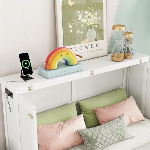 KALALLA Full Size Murphy Cabinet Chest Bed with Storage Drawer and USB-Ports, Wood Foldable Platform Bed, Space Saving for Home Office, Guest Room, KALALLA