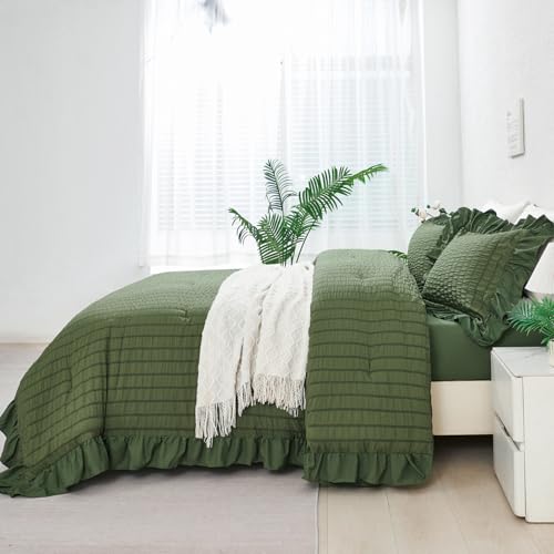 ZSYAYAHA Olive Green Bedding Set King Ruffle Comforter Set with Sheets 5 Pieces Seersucker Bed in A Bag for Women Men Soft Microfiber Bedding Sets with Ruffled Layers(Olive Green, King) ZSYAYAHA