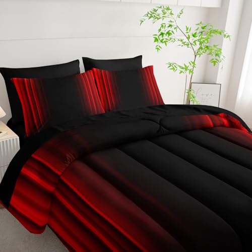 Nttopship Red and Black Bedding Set Queen Size Abstract Ombre Comforter Set Bedding Set 7 Piece in A Bag,Dark Quilt Set Mordern Art Decor All Seasons with Pillowcases,Flat, Fitted Sheet Nttopship