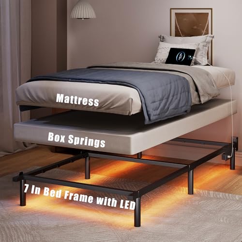SHOANED Twin Size Bed Frame with LED, 7 Inch Metal Steel Bedframe for Box Spring and Mattress, Heavy Duty Basics Bed Base with Charging Station, Noise Free, Easy Assembly, Black SHOANED